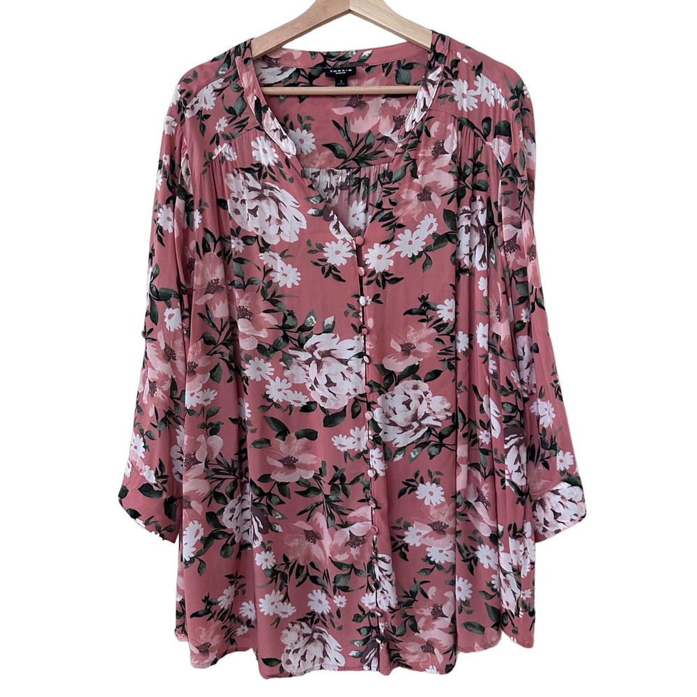Torrid Harper Womens Pink Coral Floral Blouse Button Front Quarter Sleeve V-Neck